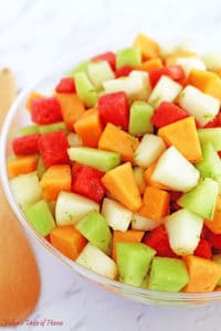 Melon Fruit Salad with Honey Lime and Watermelon Juice Dressing
