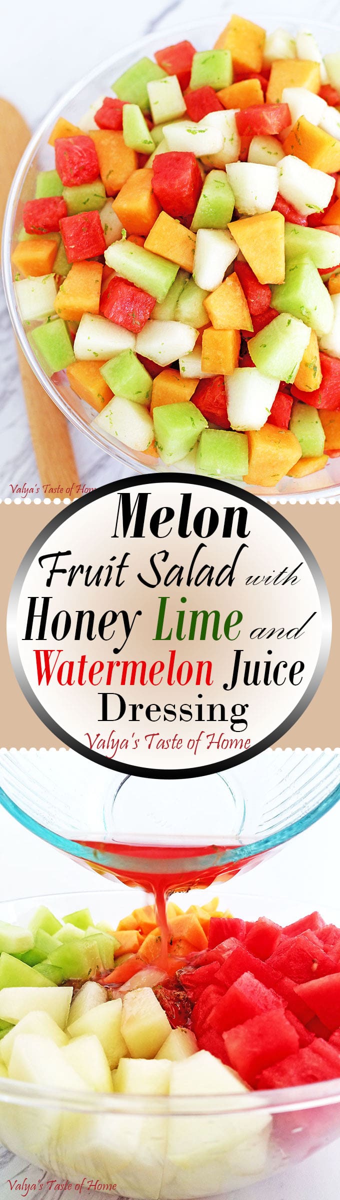 What can be better than a bowl of chilled Melon Fruit Salad with Honey Lime and Watermelon Juice Dressing on a hot summer day? While you shouldn’t abandon your water consumption, a nice bowl of this refreshing watery fruit with a touch of sweetness is sure to hit that thirsty and sweet spot. It’s a brilliant addition to any outdoor party.