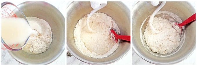 Then scrape down the sides and bottom of the mixer bowl with a silicone spatula to mix in all of the flour.
