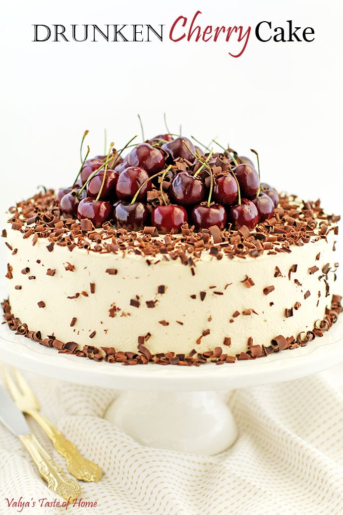 This Drunken Cherry Cake Recipe is loaded with two pounds of lightly cooked cherries, topped with a pound of fresh cherries, caramel cream, and fluffy chocolate cake sponge, and finally sprinkled with shaved best-tasting organic chocolate, it’s fair to say that self-control takes a little more effort around this exquisite goodness. #drunkencherrycake #freshcherries #caramelcream #valyastasteofhome