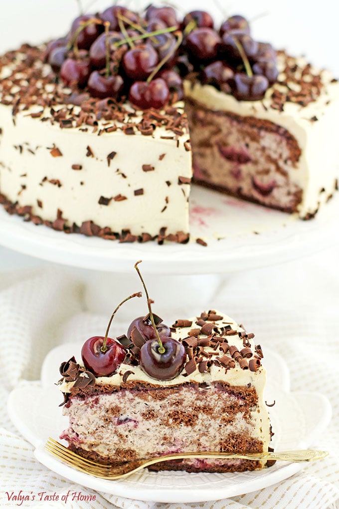 This Drunken Cherry Cake Recipe is loaded with two pounds of lightly cooked cherries, topped with a pound of fresh cherries, caramel cream, and fluffy chocolate cake sponge, and finally sprinkled with shaved best-tasting organic chocolate, it’s fair to say that self-control takes a little more effort around this exquisite goodness. #drunkencherrycake #freshcherries #caramelcream #valyastasteofhome