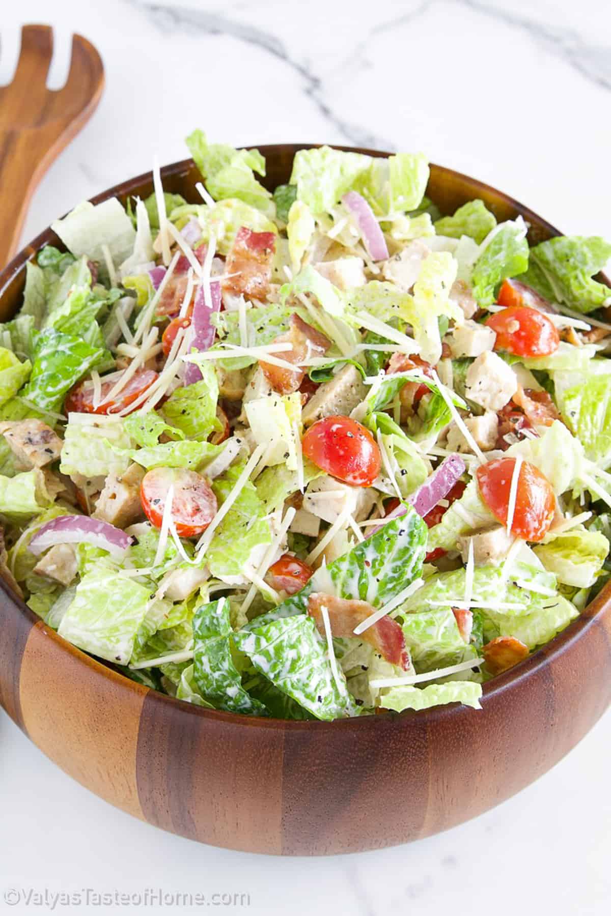 Caesar Salad is a classic salad dish that's commonly made with ingredients such as romaine lettuce, croutons, grated cheese, with a creamy Caesar Salad Dressing that adds all the flavor!