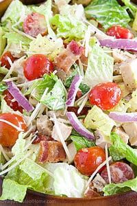 The creamy dressing along with the crispy flavors of romaine, the perfectly cooked bacon, and the grated cheese on top are absolutely irresistible to just about everyone, and kids are definitely no exception!
