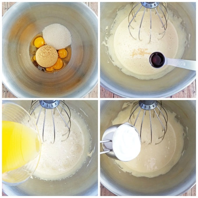 Beat eggs, brown sugar, and organic sugar on high speed for 5 minutes. Add vanilla, melted butter, and Greek yogurt. 