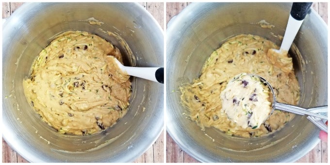 Add dry ingredients and grated zucchini alternately. Add chocolate chips and mix well.