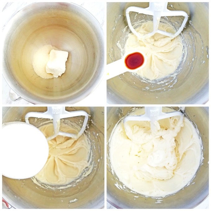 Beat softened cream cheese and sugar until smooth in texture and the sugar is completely dissolved.