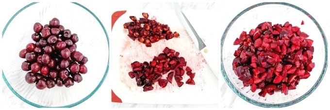 Rinse the cherries, remove the stems, then pit and chop them into small pieces. Set aside until ready for use.