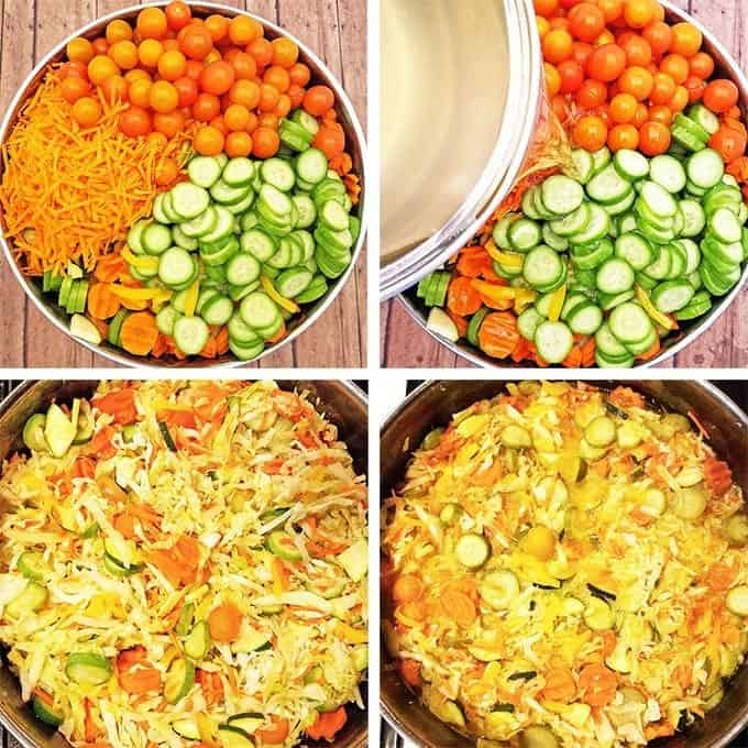 Reduce the heat to medium and let it slowly boil for another 10 minutes stirring vegetables in the same motion moving vegetables from the bottom of the pot to the top every minute (the heat on the bottom of the pot is much higher and vegetables will overcook if not stirred).