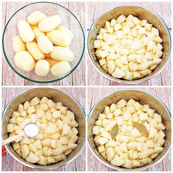 Peel, rinse well, and cut into 1" (2.5 cm) cubes of potatoes. Rinse again until the water is clear.