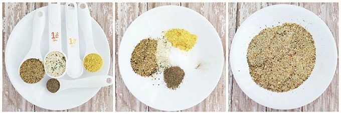 Start by measuring out all spices. Mix the spices together on a plate and set it aside until ready to use.