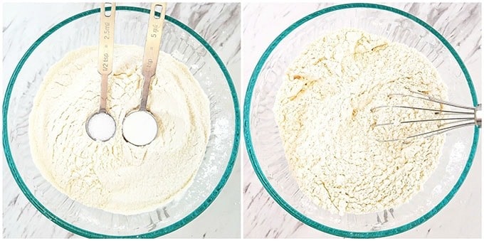 Start by sifting flour into a medium bowl then add salt and baking powder to flour and stir with a wire whisk.