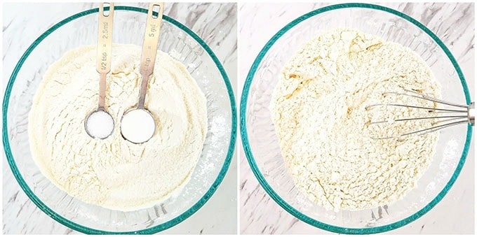 Start by sifting flour into a medium bowl then add salt and baking powder to flour and stir with a wire whisk.