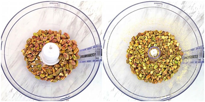 Crush the pistachios in a food processor.