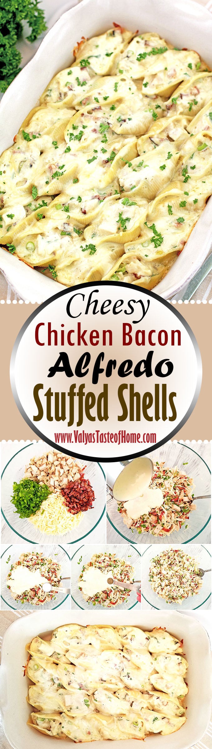 Cheesy Chicken Bacon Alfredo Stuffed Shells Recipe, chicken, comfort food, creamy and cheesy stuffed shells, easy and quick dinner, green onions, homemade Alfredo sauce, kid approved dish, kids love it, make ahead of time dinner, make ahead recipe, natural smoked bacon, stuffed shells