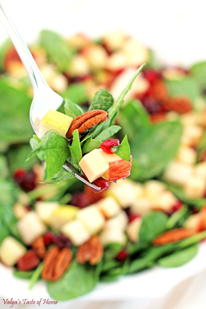 What is there not to love about fresh and beautiful salad? This Pear Apple Pomegranate Pecan Spinach Salad Recipe is so easy to make and is such an attractive addition to your table. #pearapplepomegranatepecanspinachsalad #spinachsaladrecipe #holidaysalad #thanksgivingsalad #christmassalad #valyastasteofhome