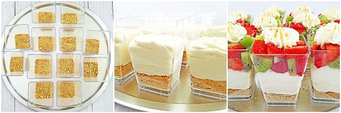 beautiful dessert, creamy cheesecake, decor dessert, delicious, graham crackers, individual dessert cups, kid approved, kiwis, last minute dessert, No Bake Strawberry Kiwi Cheesecake Parfaits, party dessert, quick and easy dessert, strawberries