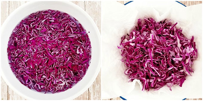 Shred one cup of red cabbage, place it into a small bowl, pour ice-cold water over it, and let the cabbage sit in the cold water while you're preparing the rest of the salad.