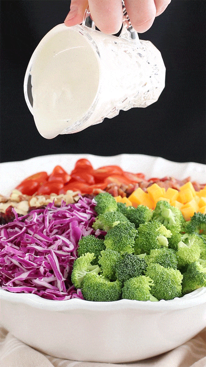 This Creamy Cheddar Broccoli and Tomato Salad Recipe is a great addition to your holiday feast or any occasion at any time of the year. Surprise and delight your family or guests with this different but totally delicious and beautiful looking salad on your table. Its taste is so flavorful, crisp, refreshing and satisfying, it is sure to impress! #creamybroccoliandtomatosalad #holidaysalad #creamycheddarbroccolitomatosalad #valyastasteofhome