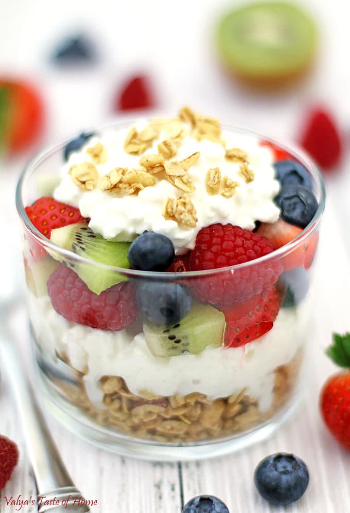blueberries, Breakfast, Breakfast Cottage Cheese Fruit Granola Parfait Recipe, clean eating, cottage cheese, delicious, fresh fruit, healthy breakfast, healthy eating, kiwis, parfait, raspberries, raw honey, strawberry