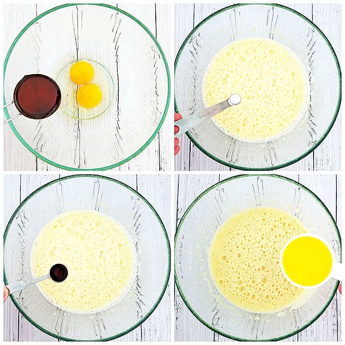 Using a hand mixer add eggs and maple syrup to a bowl, and beat this mixture for a couple of minutes on high speed until it turns pale in color.