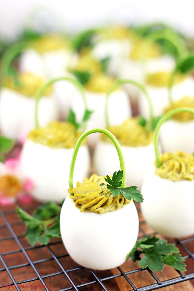 Bacon Avocado Deviled Egg Baskets, delic, delicious, deviled eggs, Easter cooking, Easter holiday, egg baskets, healthy, home eggs, homemade mayonnaise, organic avocado, organic parsley, sea salt