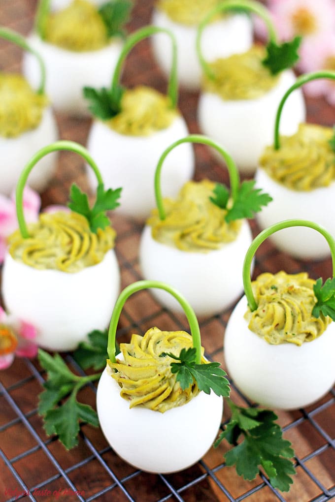 Bacon Avocado Deviled Egg Baskets, delic, delicious, deviled eggs, Easter cooking, Easter holiday, egg baskets, healthy, home eggs, homemade mayonnaise, organic avocado, organic parsley, sea salt