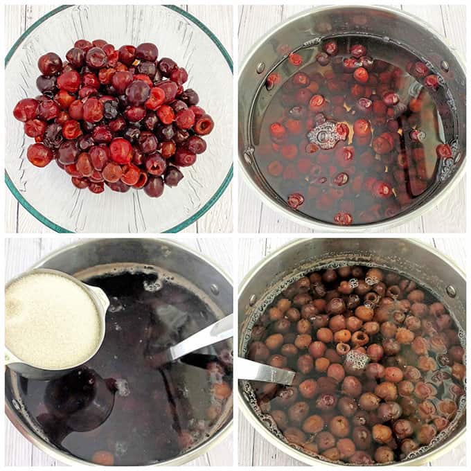 Add the cherries to the water and bring the mixture to a boil. Once boiling, reduce the heat to low/medium and let it simmer for 10 minutes.