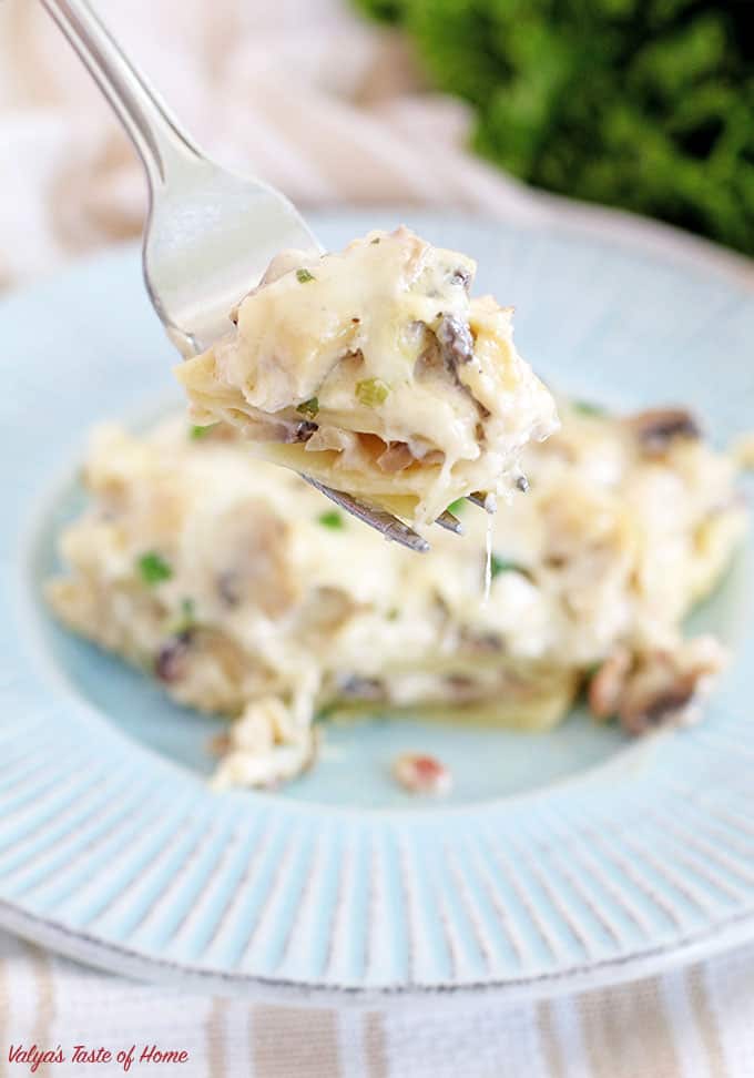 chicken, Chicken Bacon Mushroom Alfredo Lasagna Recipe, clean eating, delicious, easy recipe, homemade Alfredo sauce, homemade lasagna, homemade meal, lasagna, mushrooms, natural bacon, one pan dinner, vegetables