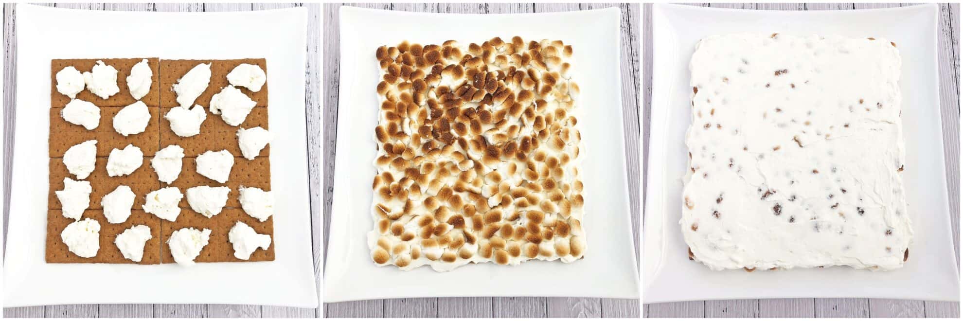 Peel toasted and cooled marshmallows off the parchment paper and place them on top of the cream.