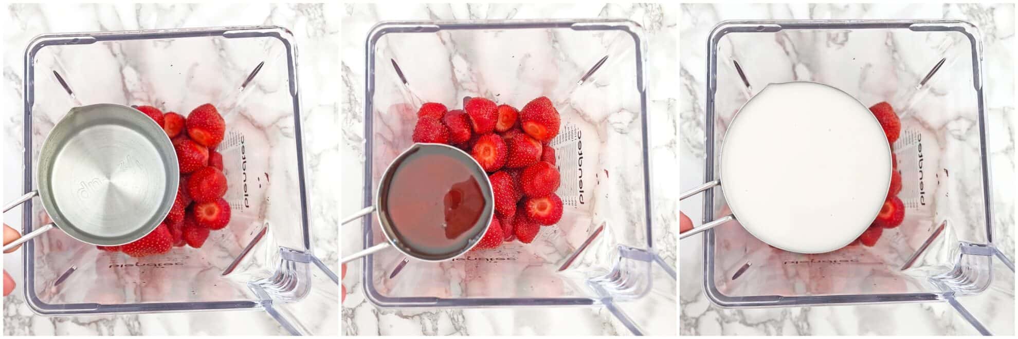 Next, add strawberries into a Blendtec blender, then add water, maple syrup, and nut milk. 