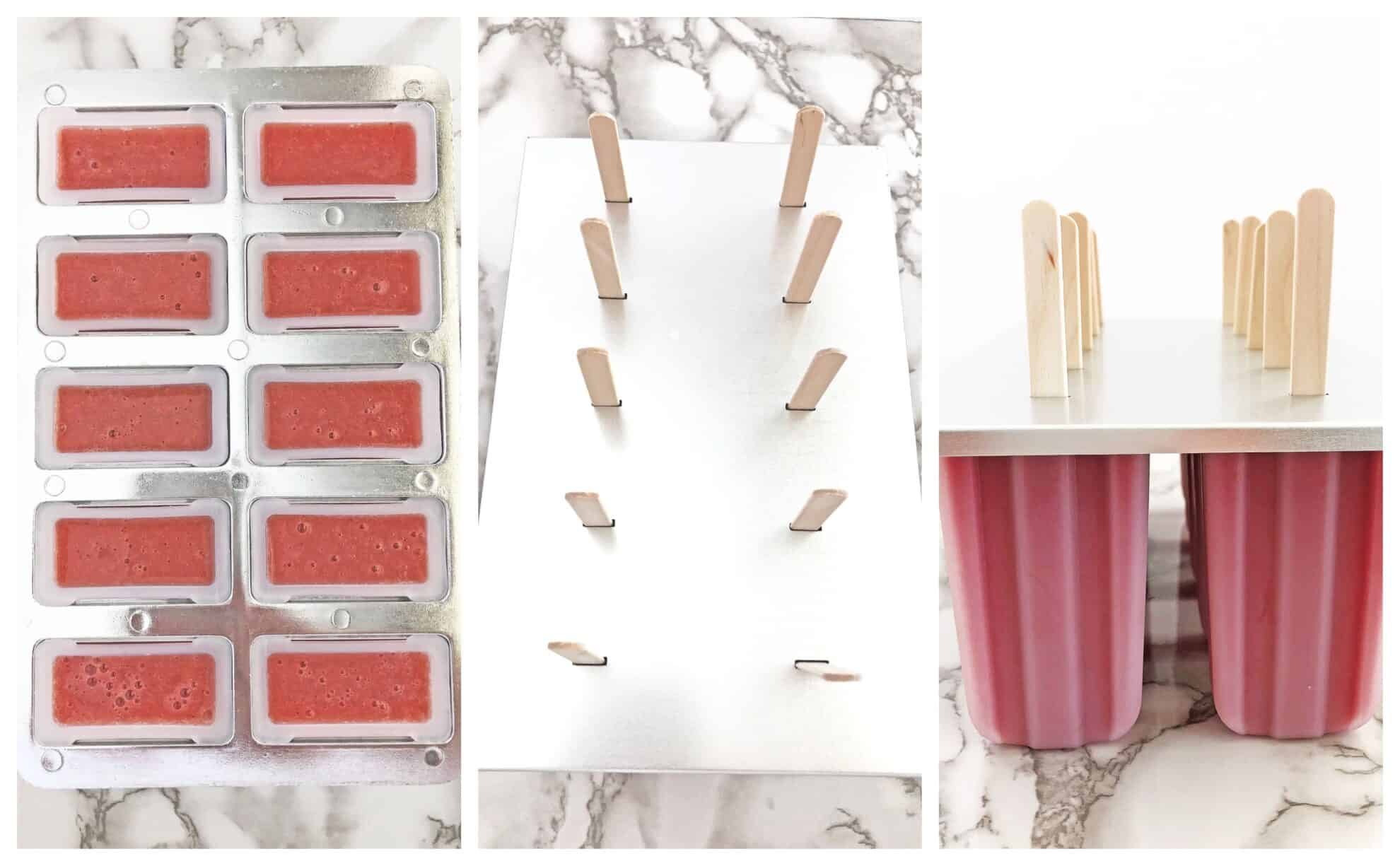 Finally, pour the mixture into each popsicle mold. Cover the ice pop maker with its cap, inserts wooden sticks into each popsicle opening, and place it in the freezer for 12 hours.