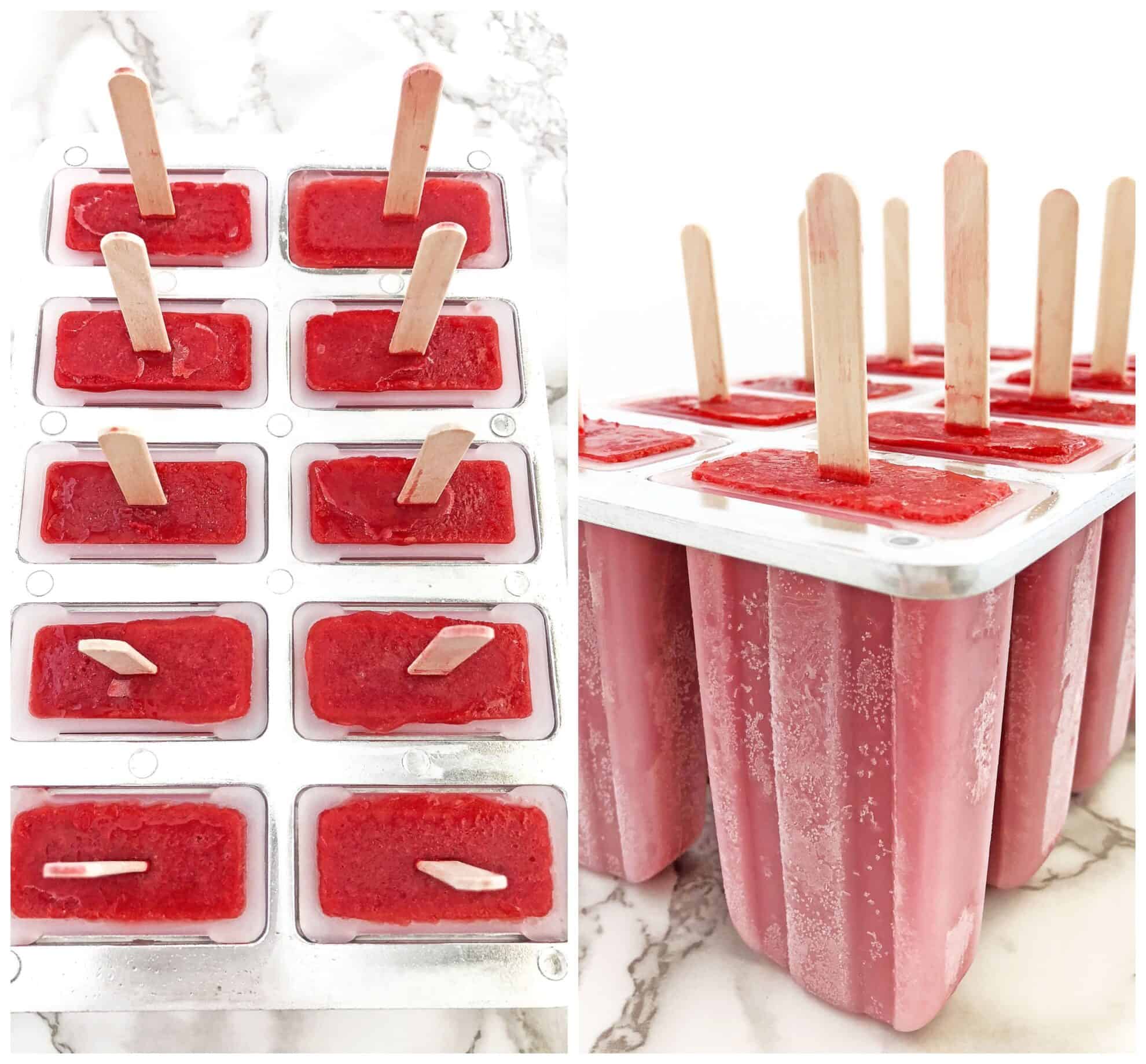 clean eating, dairy free, easy recipe, fresh strawberries, garden strawberries, gluten-free, healthy, Healthy Strawberry Popsicles Recipe, homegrown strawberries, homemade popsicles, kid-friendly, maple from Canada, organic maple syrup, popsicles, vanilla cashew milk, refined-sugar-free, vegan