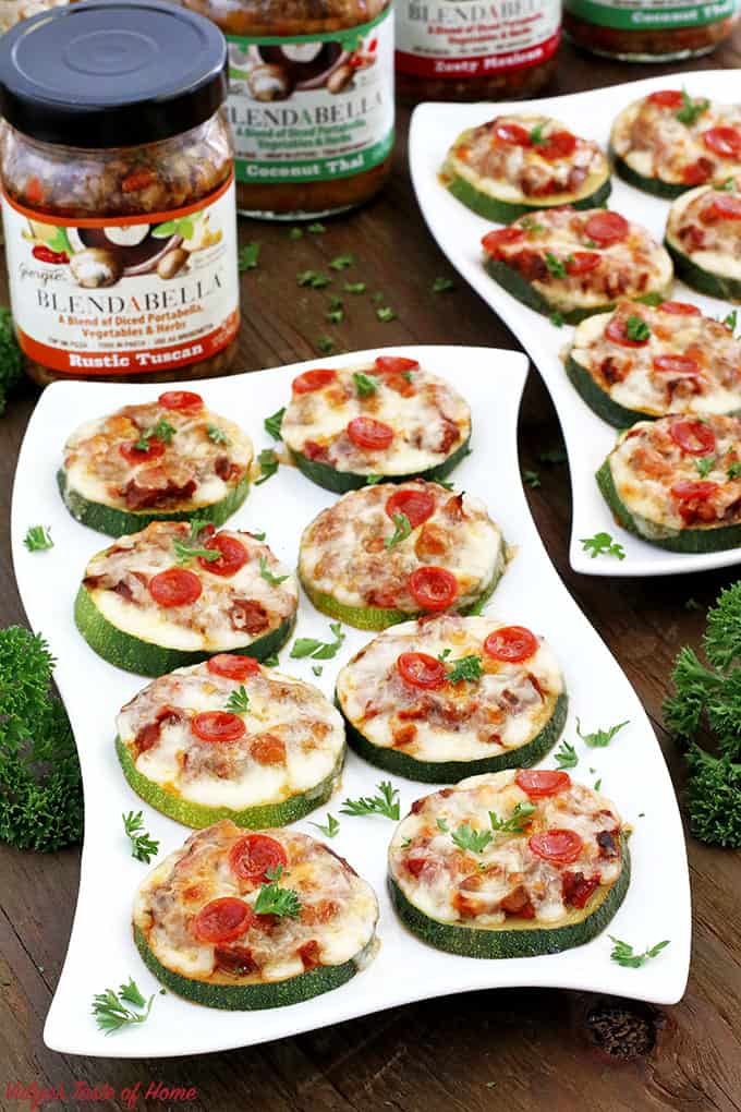 baked zucchini mini pizzas, BLENDABELLA, clean eating, delicious appetizers, easy recipe, flavorful appetizers, gluten-free recipe, healthy appetizers, homegrown zucchini, kid friendly, mushroom vegetable pizza sauce, Portabella mushroom, rustictuscan, zucchini recipe