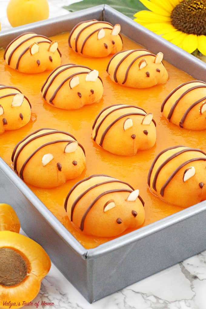 This Apricot Bee Cake Recipe is absolutely incredible! Spongy cake, fluffy cream, and the soft apricot jello give this adorable beehive themed cake a lot of flavors, every bite just melts in your mouth! And that fresh apricot bee not only gives a beauty to each slice of the cake but makes every kid and even an adult drop their jaw and wow! Plus, the more fruit the better! Right? Give it try!