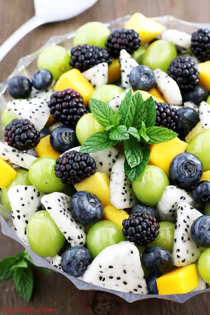 blackberries, blueberries, clean eating, dragon fruit, fruit salad, green grapes, healthy dessert, healthy snack, mangos, maple from Canada, organic maple syrup, salad, Summer Fruit Salad Recipe