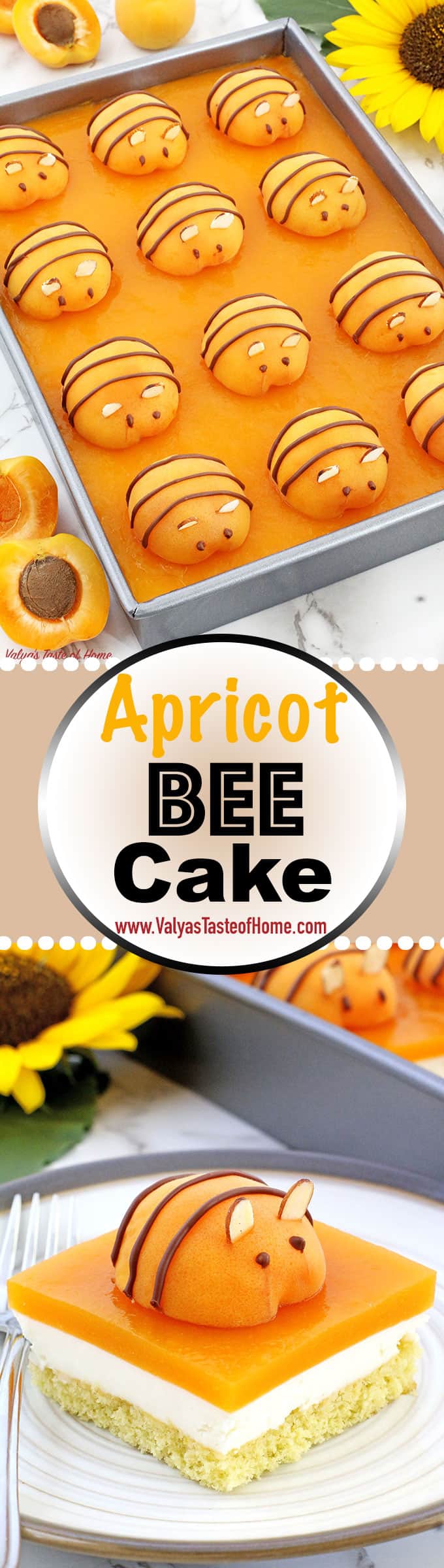 This Apricot Bee Cake Recipe is absolutely incredible! Spongy cake, fluffy cream, and the soft apricot jello give this adorable beehive themed cake a lot of flavors, every bite just melts in your mouth! And that fresh apricot bee not only gives a beauty to each slice of the cake but makes every kid and even an adult drop their jaw and wow! Plus, the more fruit the better! Right? Give it try!