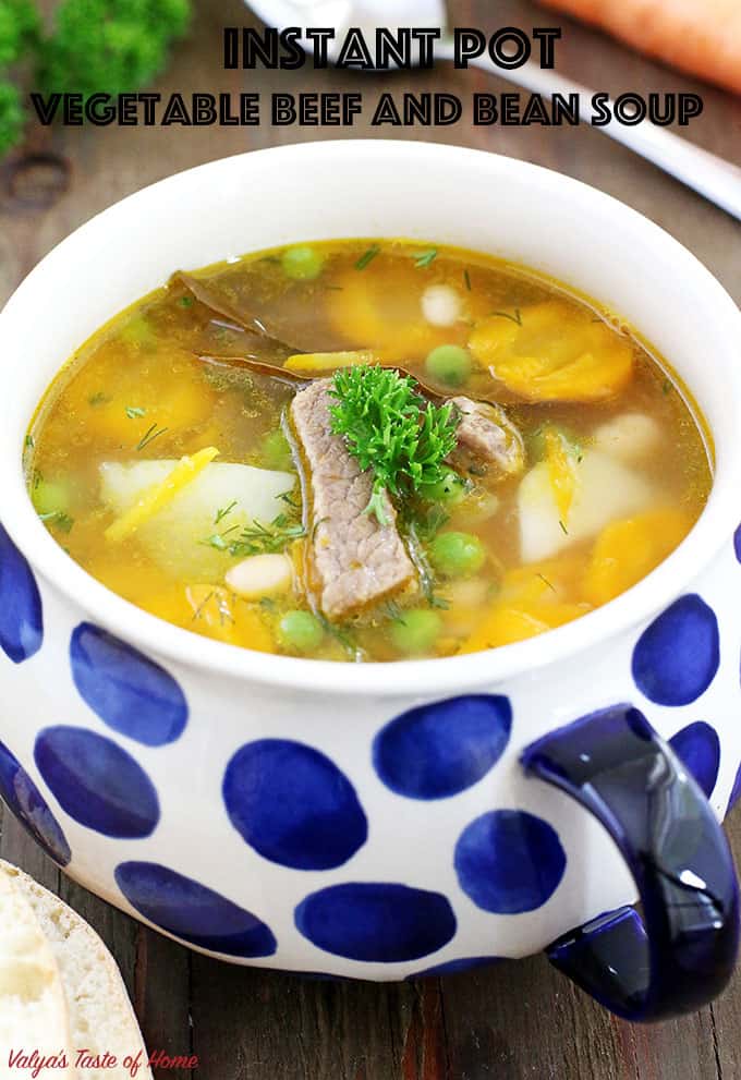 What can be better than savoury bowl of warm soup during the fall season, especially made out of homegrown vegetables? This super tasty Instant Pot Vegetable Beef and Bean Soup Recipe has an amazingly nutritious blend of ingredients, comes together very quick and easy. #comfortfood #familydinner #familyfavorite #heartymeal #homemade #instantpotsoup #kidsloveit #perfectlunch #quickandeasysouprecipe #vegetablles