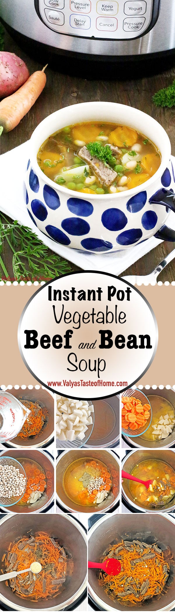 What can be better than savoury bowl of warm soup during the fall season, especially made out of homegrown vegetables? This super tasty Instant Pot Vegetable Beef and Bean Soup Recipe has an amazingly nutritious blend of ingredients, comes together very quick and easy.  #comfortfood #familydinner #familyfavorite #heartymeal #homemade #instantpotsoup #kidsloveit #perfectlunch #quickandeasysouprecipe  #vegetablles
