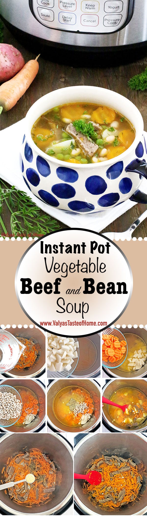 What can be better than savoury bowl of warm soup during the fall season, especially made out of homegrown vegetables? This super tasty Instant Pot Vegetable Beef and Bean Soup Recipe has an amazingly nutritious blend of ingredients, comes together very quick and easy. #comfortfood #familydinner #familyfavorite #heartymeal #homemade #instantpotsoup #kidsloveit #perfectlunch #quickandeasysouprecipe #vegetablles