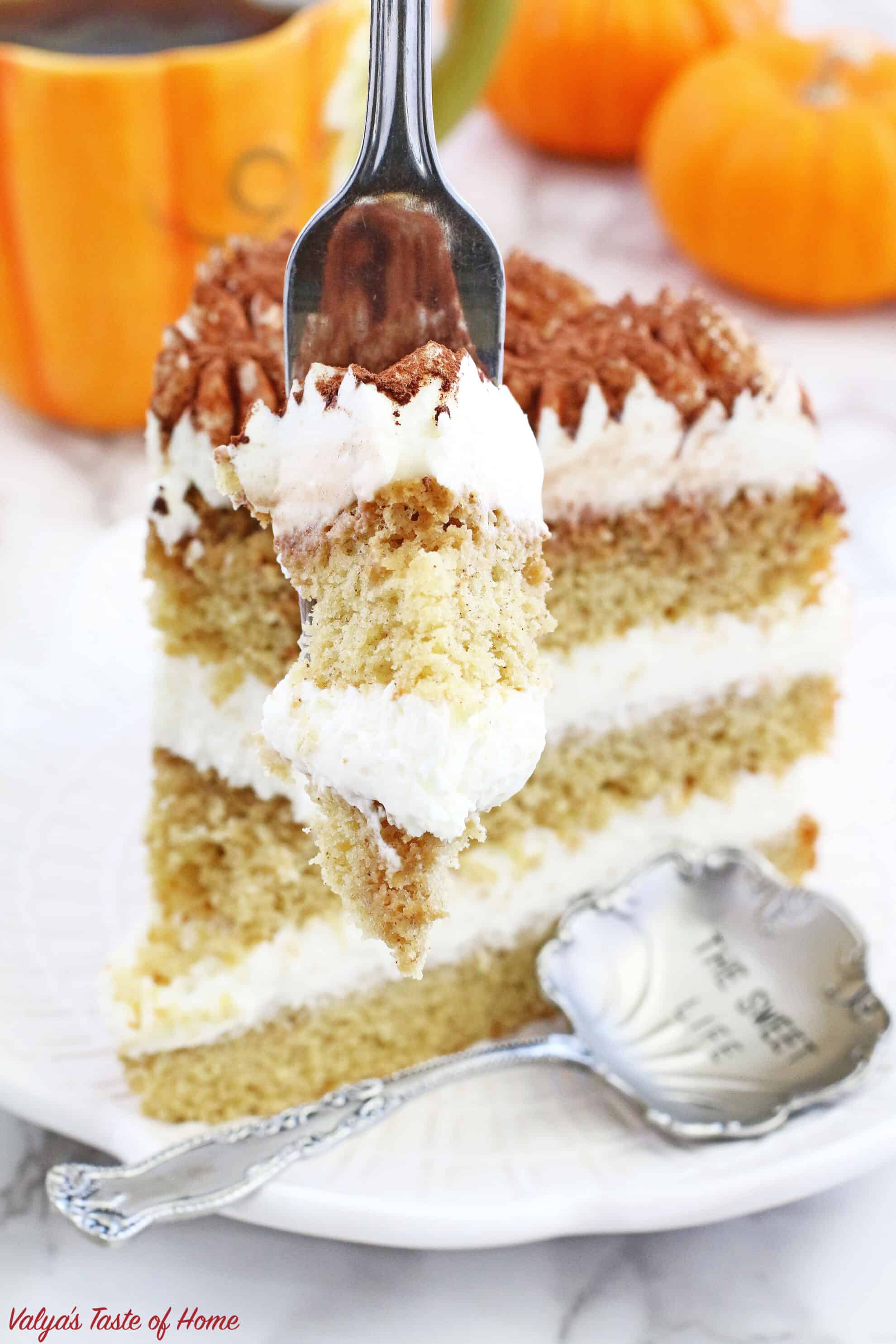 This Pumpkin Tiramisu Cake Recipe is the perfect segue into the colorful Fall season and all its delicious flavors! It is not overly sweet but is very fluffy, moist and delicious. #pumpkintiramisucake #fallbaking #easycakerecipe #valyastasteofhome