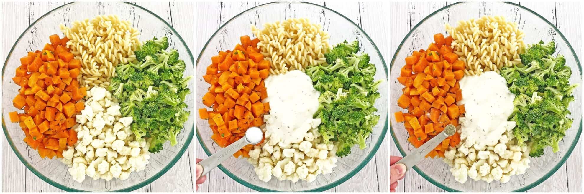 This make ahead, and crowd-pleasing of the Butternut Squash Pasta Salad side dis is another gem in a Thanksgiving spread. Or any gathering, really. Organic pasta tossed with fresh broccoli, cauliflower, roasted butternut squash and dressed with homemade ranch makes this salad taste absolutely incredible! #butternutsquashpastasalad #winterpastasalad #thanksgivingpastasalad #coldfallpastasalad