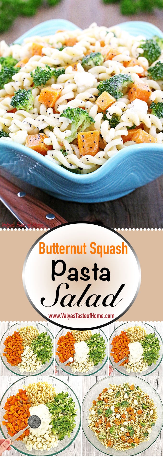 This make ahead, and crowd-pleasing of the Butternut Squash Pasta Salad side dis is another gem in a Thanksgiving spread. Or any gathering, really. Organic pasta tossed with fresh broccoli, cauliflower, roasted butternut squash and dressed with homemade ranch makes this salad taste absolutely incredible! #butternutsquashpastasalad #winterpastasalad #thanksgivingpastasalad #coldfallpastasalad