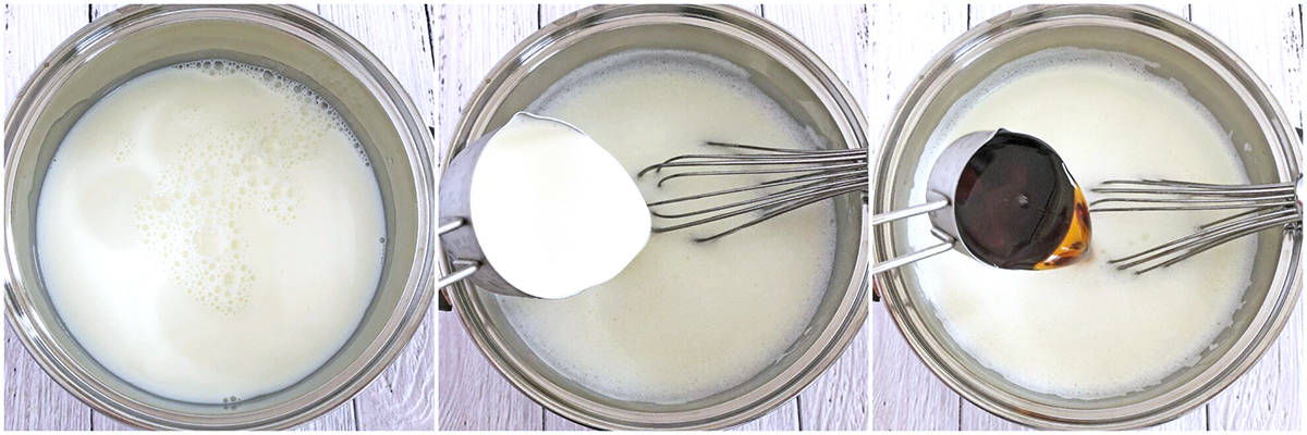Start by pouring milk into a medium saucepan at medium heat and bring it to a boil. Then reduce to medium-low heat and add heavy cream and maple syrup.