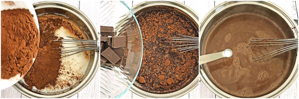 Then add sifted cocoa powder, dark chocolate, and salt. Stir well together until combined.