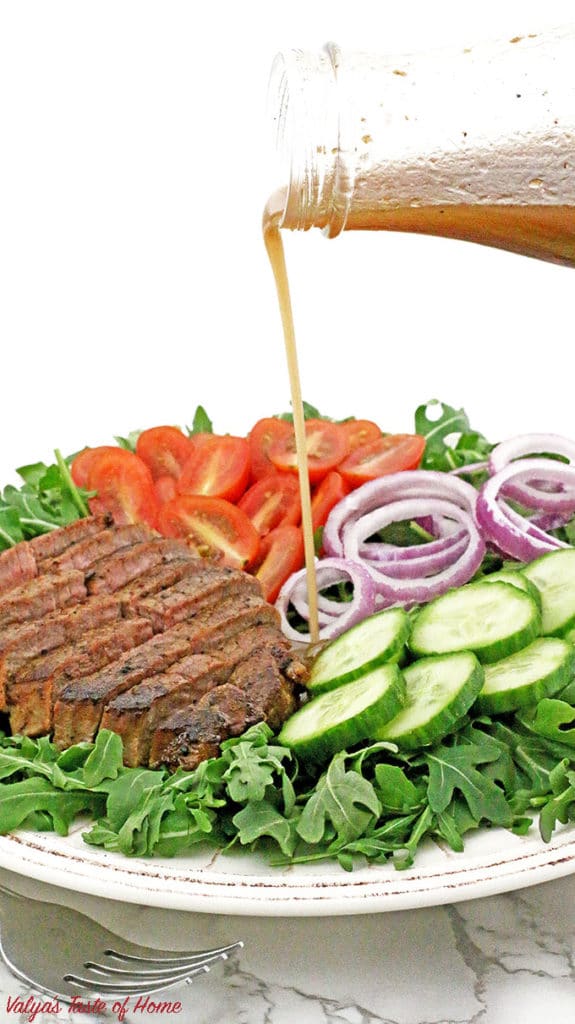 This Arugula Steak Salad with Balsamic Vinaigrette Dressing is very colorful, light, crunchy, flavorful, refreshing and satisfying, it is sure to impress! If your New Year’s resolution is to eat healthily or whether you want to detox your body I would recommend adding this superfood - ARUGULA to your diet. While most green vegetables are considered healthy and nutritious, arugula does stand out among the rest of the greens do to very low in calorie but high in calcium, iron and other nutrients.