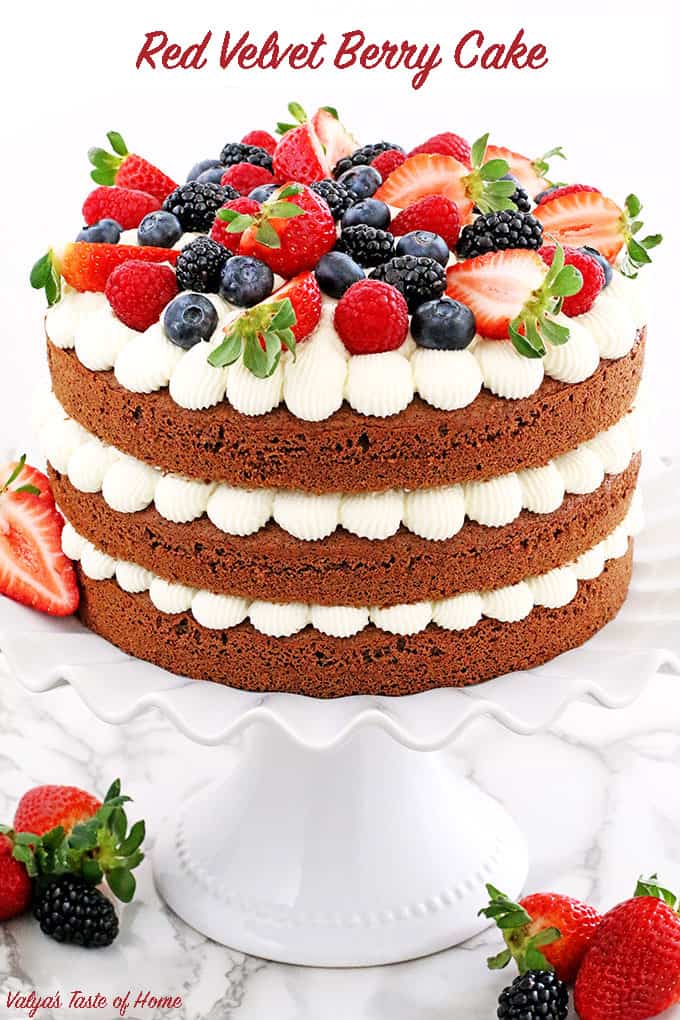 This Red Velvet Berry Cake recipe is super moist, pillow soft and is made with natural red beet juice instead of the typical red food coloring. The naked cake layers are piped with an absolutely delicious creamy and smooth cream cheese frosting, loaded with delicious berries. The cake looks absolutely stunning! Perfect for parties, anniversaries, or just simply enjoy a slice or two for a tea with a friend. 