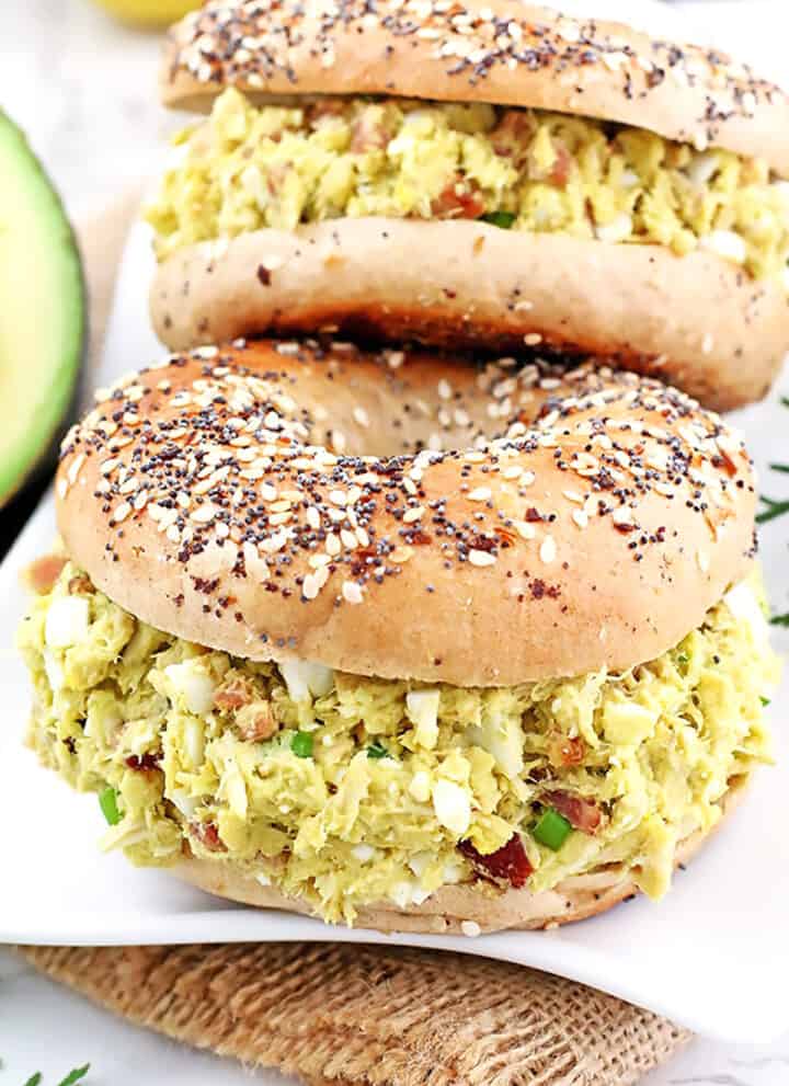 Tuna Avocado Egg Salad Sandwiches These Tuna Avocado Egg Salad Sandwiches are quick to put together, make-ahead recipes that I perfect for lunch, snack, or lunch boxes. They are very filling, healthy, and full of nutrients, vitamins, and protein that will keep you full for a while. 