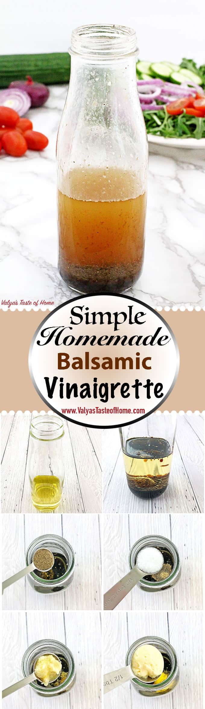 This easy and quick recipe of Homemade Balsamic Vinaigrette Dressing is so simple to make and way healthier than store bought version. You can easily customize it to your liking by adding more or less salt, pepper, and adding honey or maple syrup to the dressing.