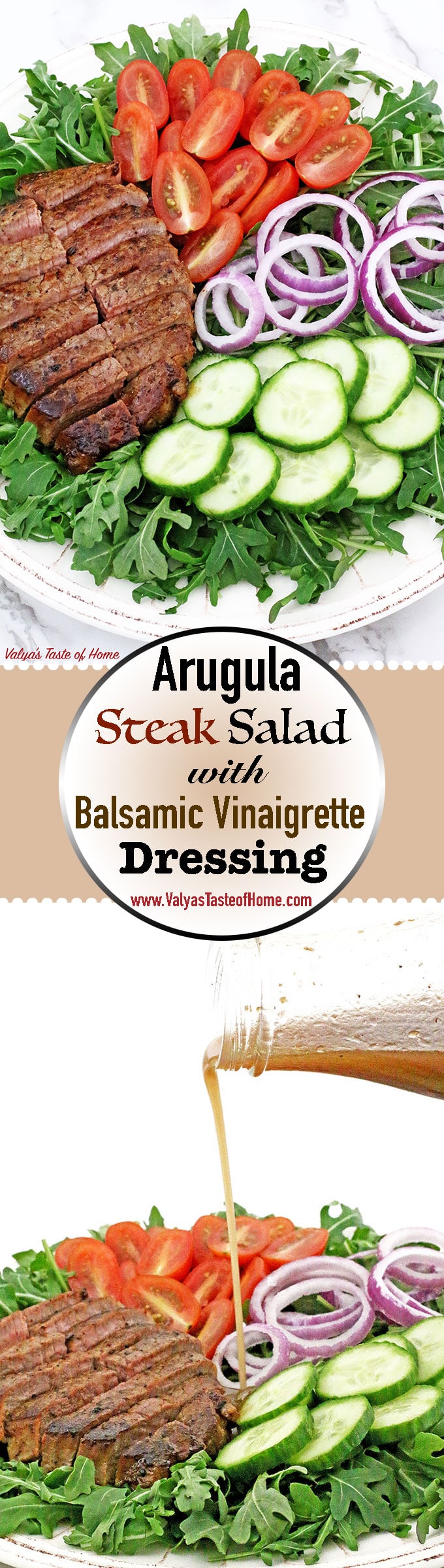 This Arugula Steak Salad with Balsamic Vinaigrette Dressing is very colorful, light, crunchy, flavorful, refreshing and satisfying, it is sure to impress! If your New Year’s resolution is to eat healthily or whether you want to detox your body I would recommend adding this superfood - ARUGULA to your diet. While most green vegetables are considered healthy and nutritious, arugula does stand out among the rest of the greens do to very low in calorie but high in calcium, iron and other nutrients. 