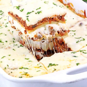 This Mushroom Lasagna features a delicious combination of mushroom and ground beef cooked in a tasty tomato-based sauce for a hearty, comforting dinner meal!